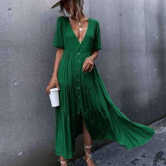 BOHO BABE GREEN V-neck Ruffle Hem Maxi Dress - Picture 8 of 8